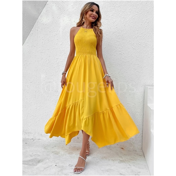 Shirred Cami Yellow Flared Maxi Long Dress Asymmetrical Hem - Picture 7 of 14